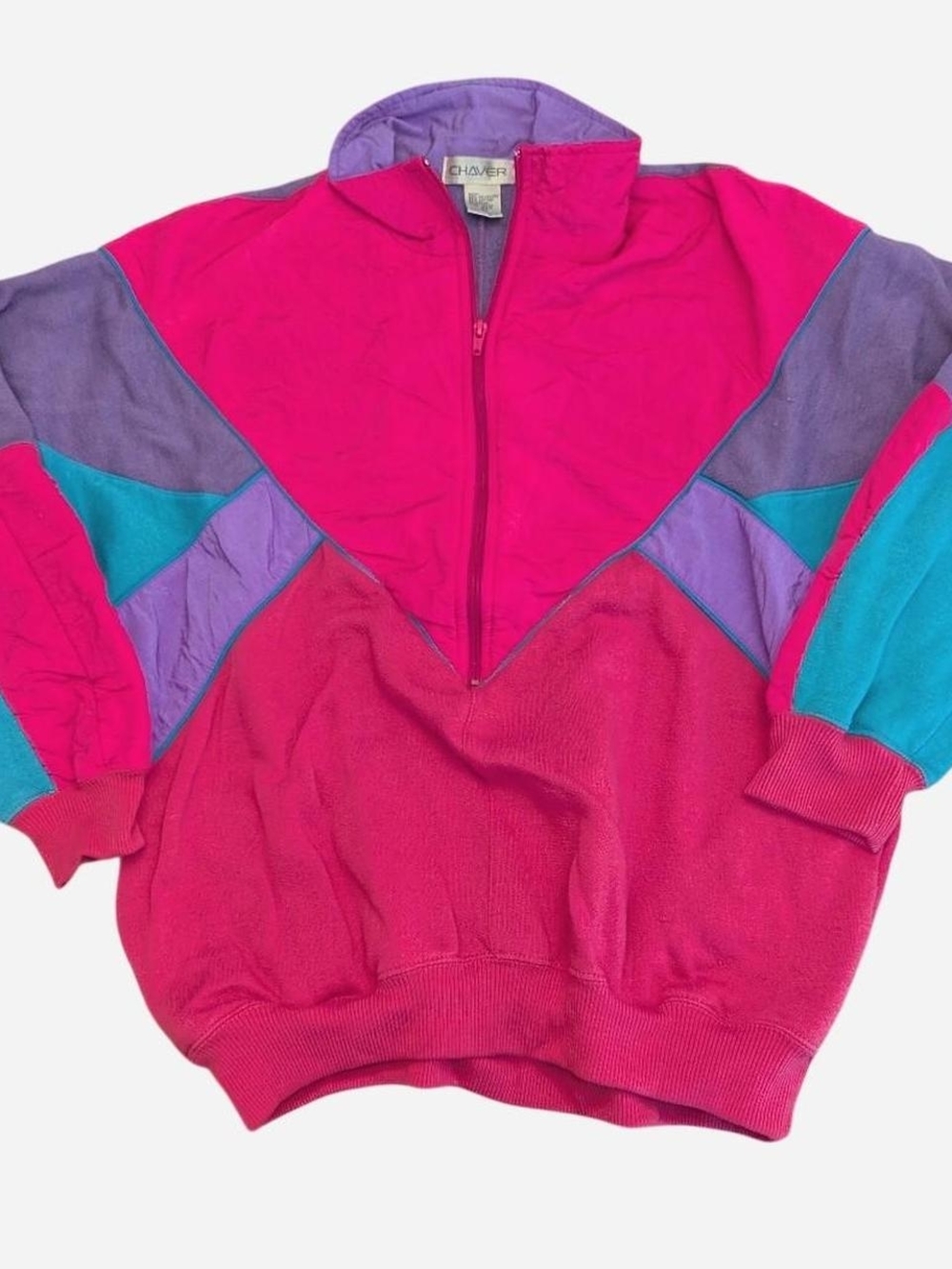 American Vintage Colorblock V-Neck Pullover Sweater in Hot Pink, Teal, Purple
